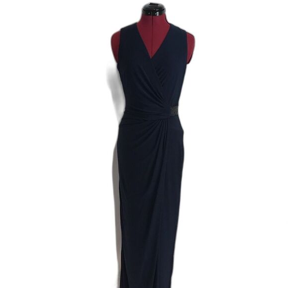 Lauren Ralph Lauren Jersey Gown Size 4 Navy Blue Rhinestone Embellishment V-Neck - Picture 1 of 16